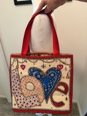 Brighton Red-Handled Canvas Tote with Colorful 'Love' Heart Artwork